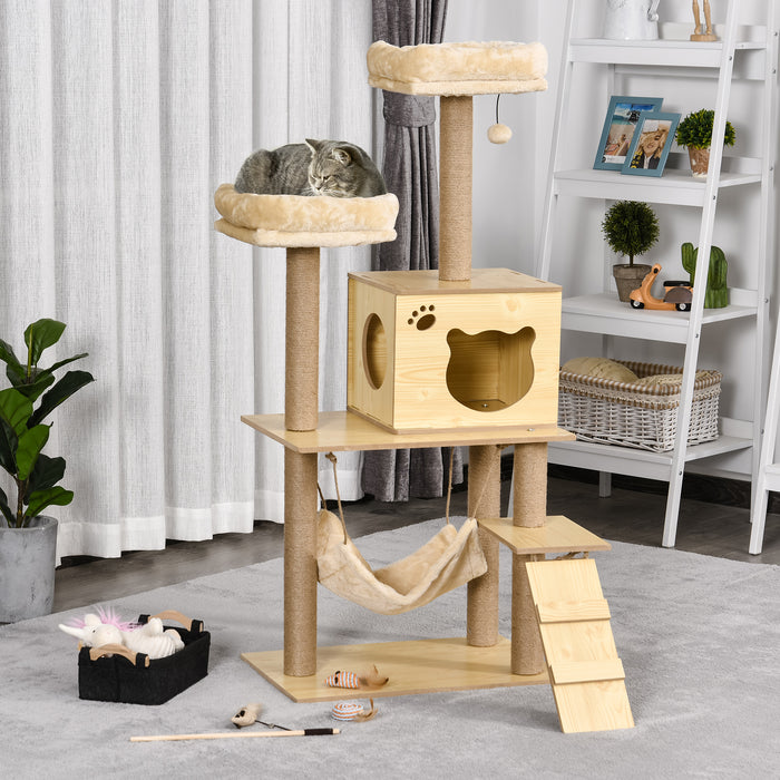 Cat Tree, 130cm Cat Tree for Indoor, Multi-Level Plush Cat Climbing Tower w/ Scratching Posts, Perches, Cat Condo, Ball for Large Cat, Yellow