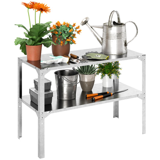 2 Tier Potting Bench Table, Galvanised Work Bench, Silver Tone
