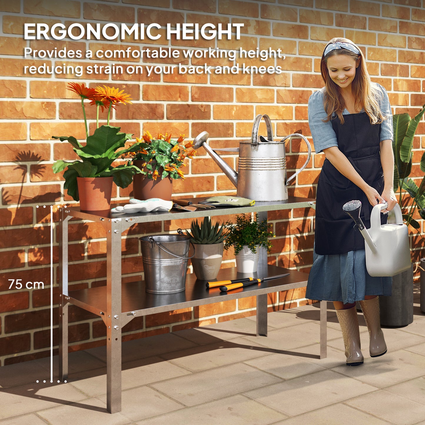 2 Tier Potting Bench Table, Galvanised Work Bench, Silver Tone