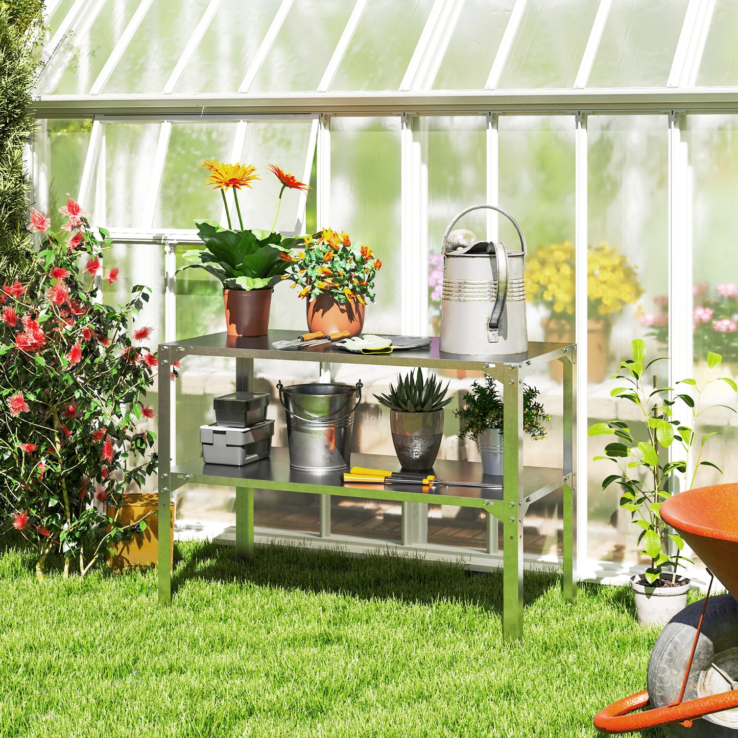 2 Tier Potting Bench Table, Galvanised Work Bench, Silver Tone