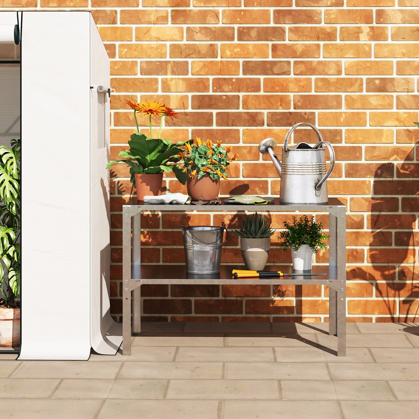 2 Tier Potting Bench Table, Galvanised Work Bench, Silver Tone