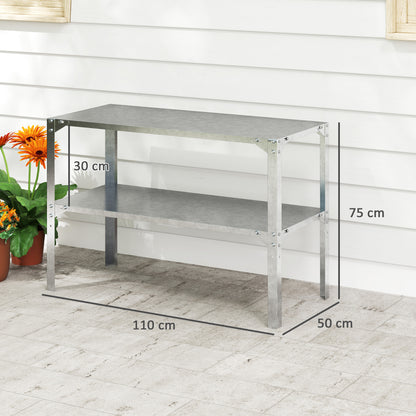 2 Tier Potting Bench Table, Galvanised Work Bench, Silver Tone
