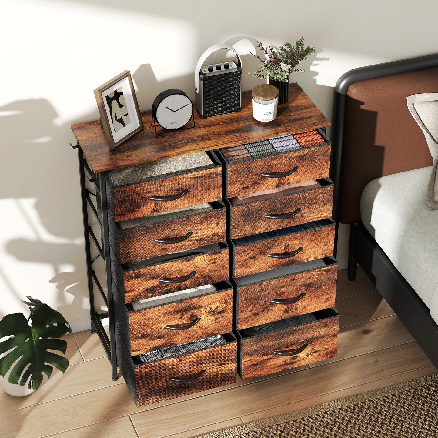 Fabric Chest of Drawers, 10 Drawer Dresser for Bedroom, Rustic Brown