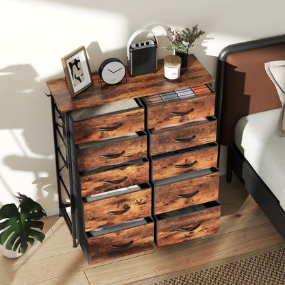 Fabric Chest of Drawers, 10 Drawer Dresser for Bedroom, Rustic Brown
