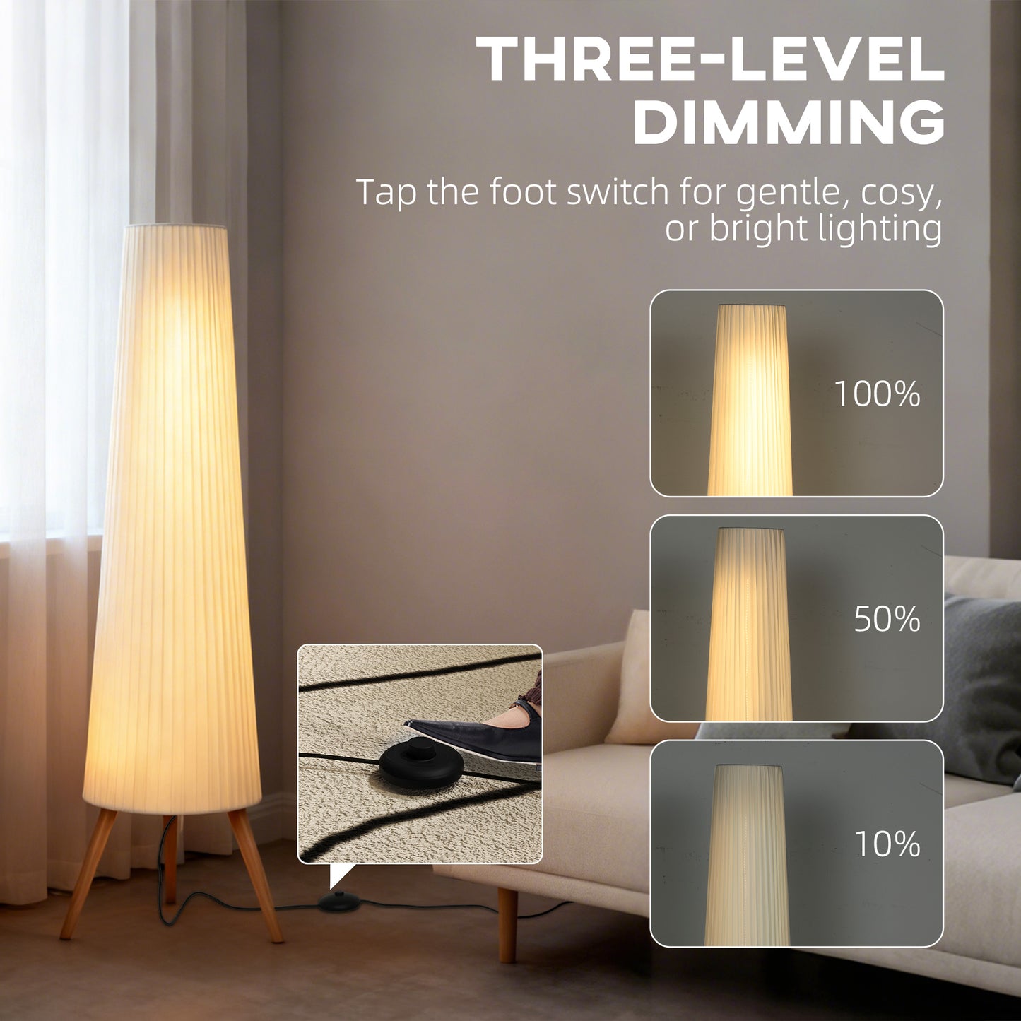 Dimmable Standing Lamp, Nordic Tripod Floor Lamp with Wood Legs