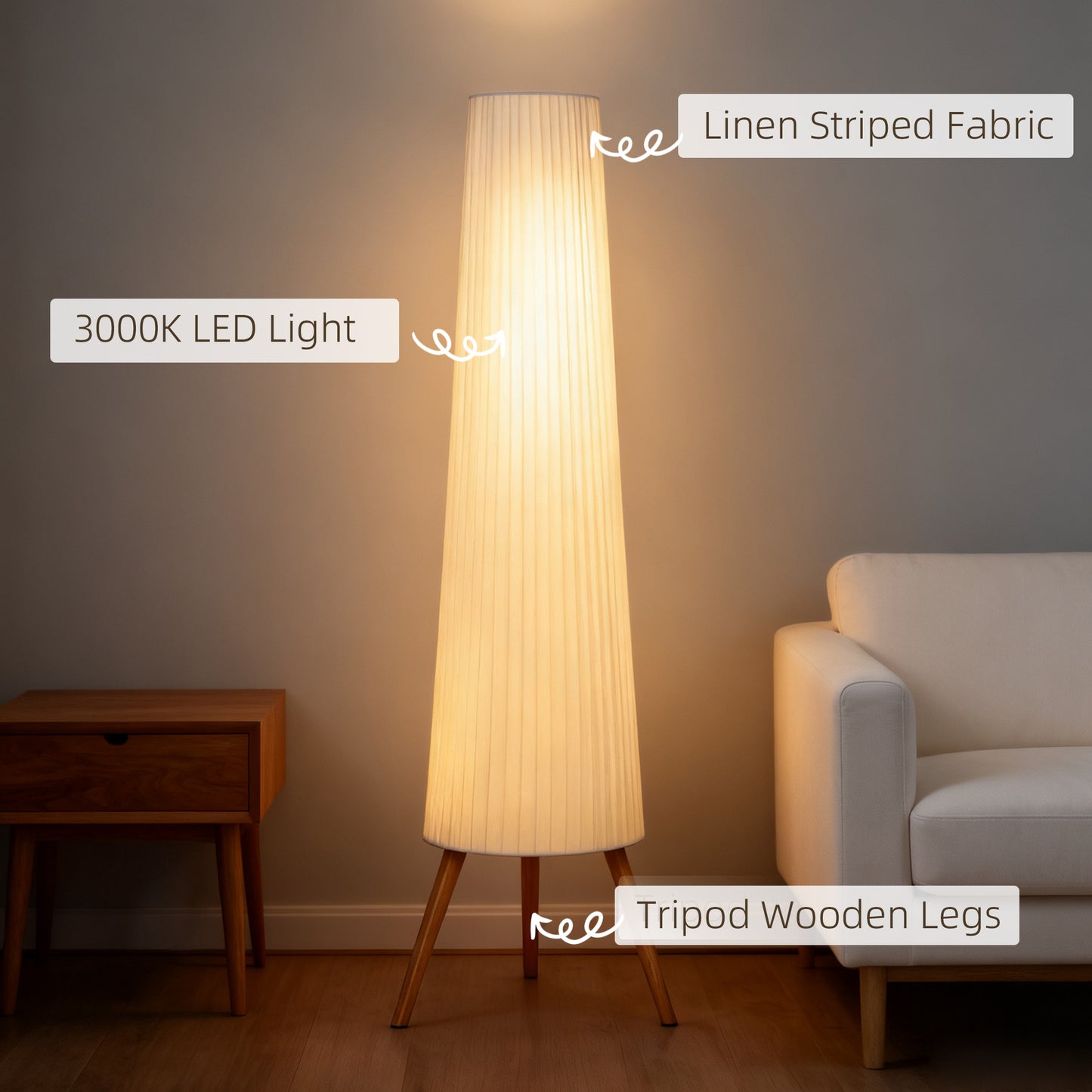 Dimmable Standing Lamp, Nordic Tripod Floor Lamp with Wood Legs