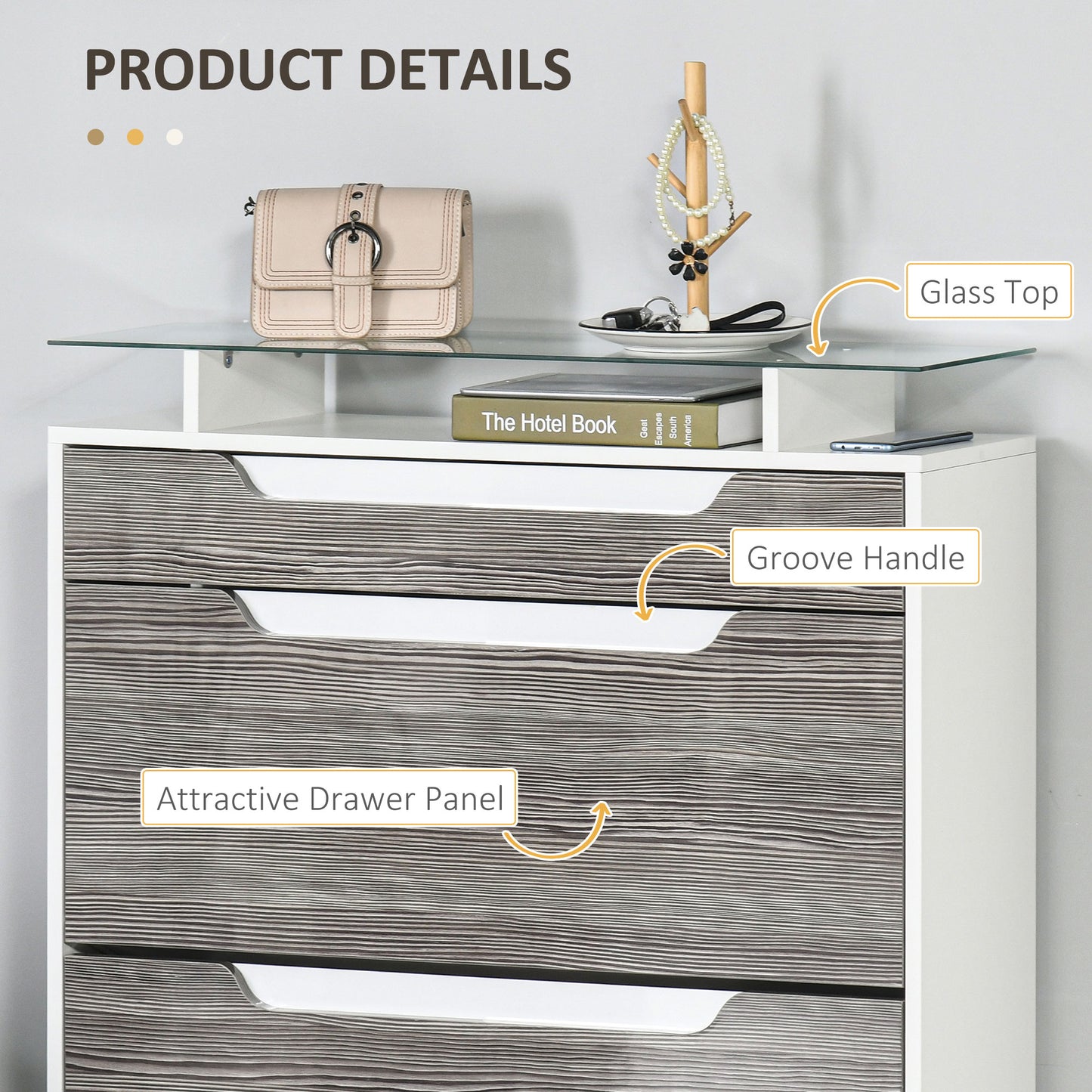 Shoe Cabinet with 3 Drawers, High Gloss Front Panels, Glass Top Grey