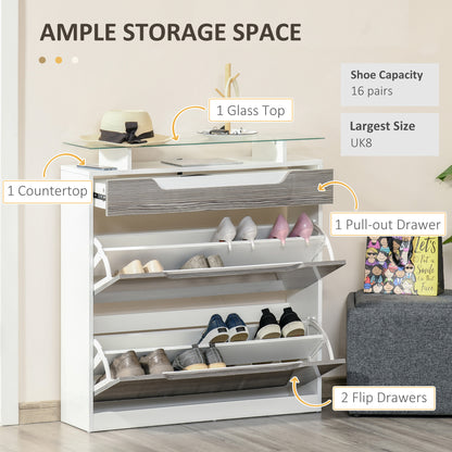 Shoe Cabinet with 3 Drawers, High Gloss Front Panels, Glass Top Grey