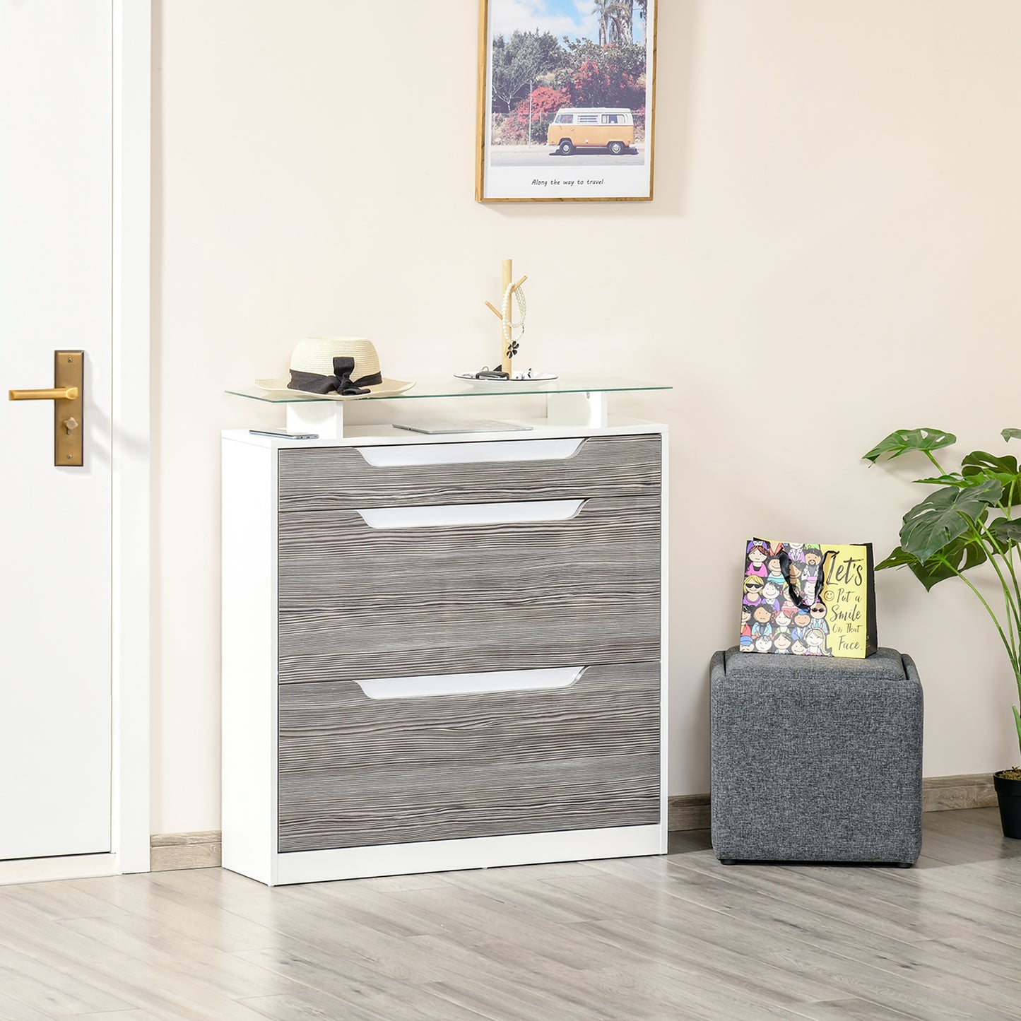 Shoe Cabinet with 3 Drawers, High Gloss Front Panels, Glass Top Grey