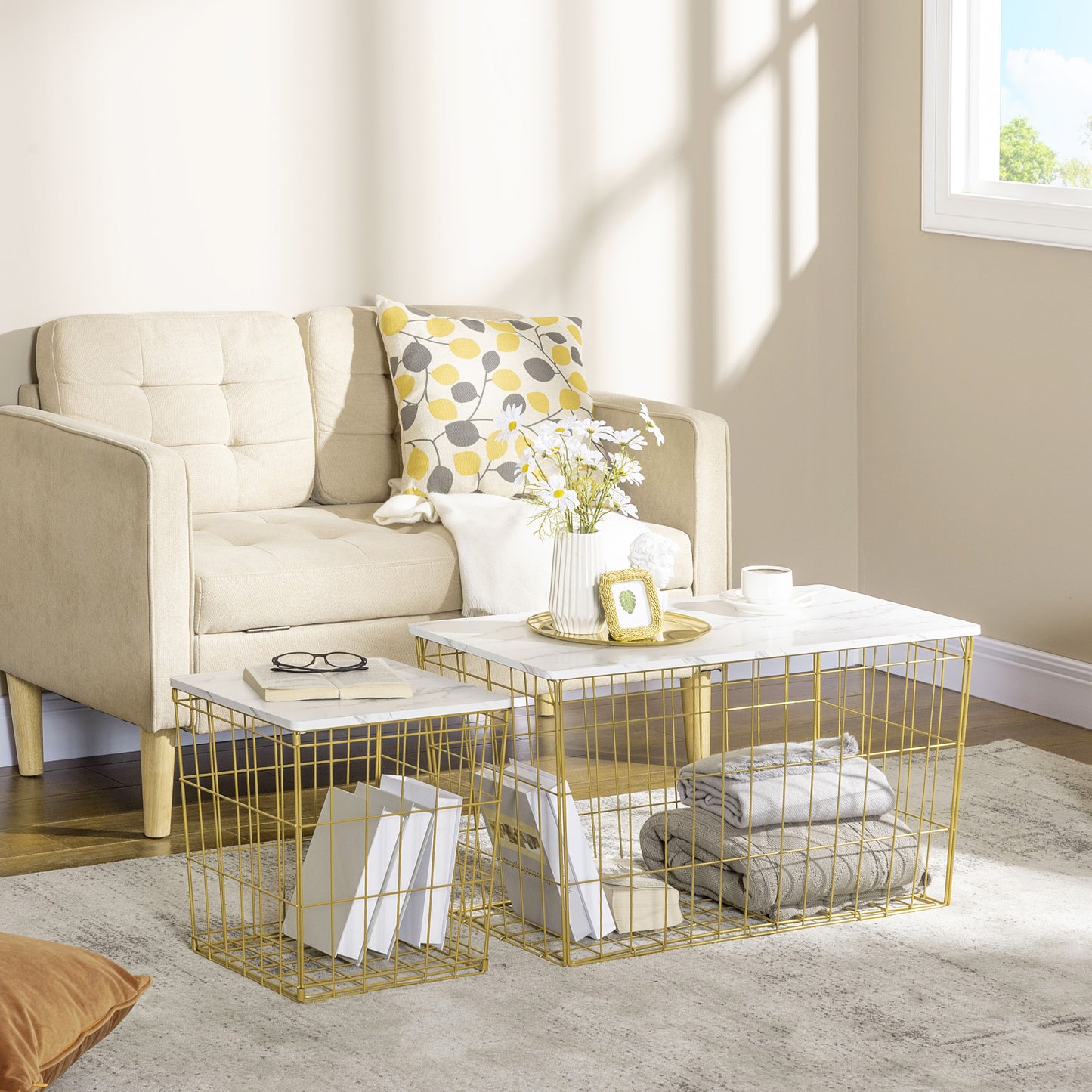 Side Table Set of 2, Modern Coffee End Bedside Storage Tables White