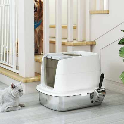 Stainless Steel Litter Box, Enclosed Metal Cat Litter Tray with Scoop
