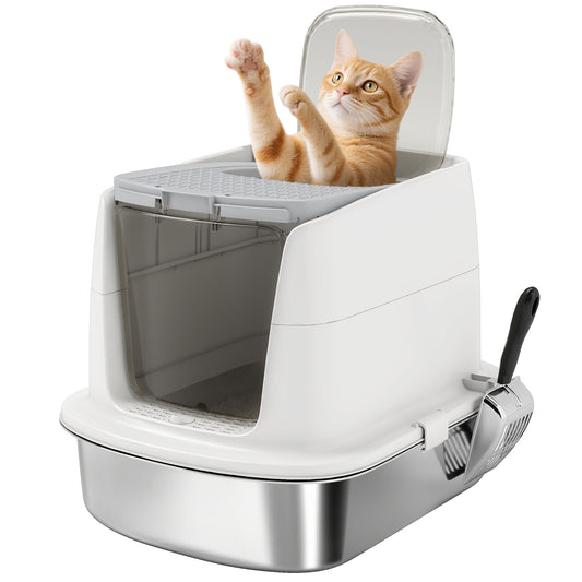 Stainless Steel Litter Box, Enclosed Metal Cat Litter Tray with Scoop