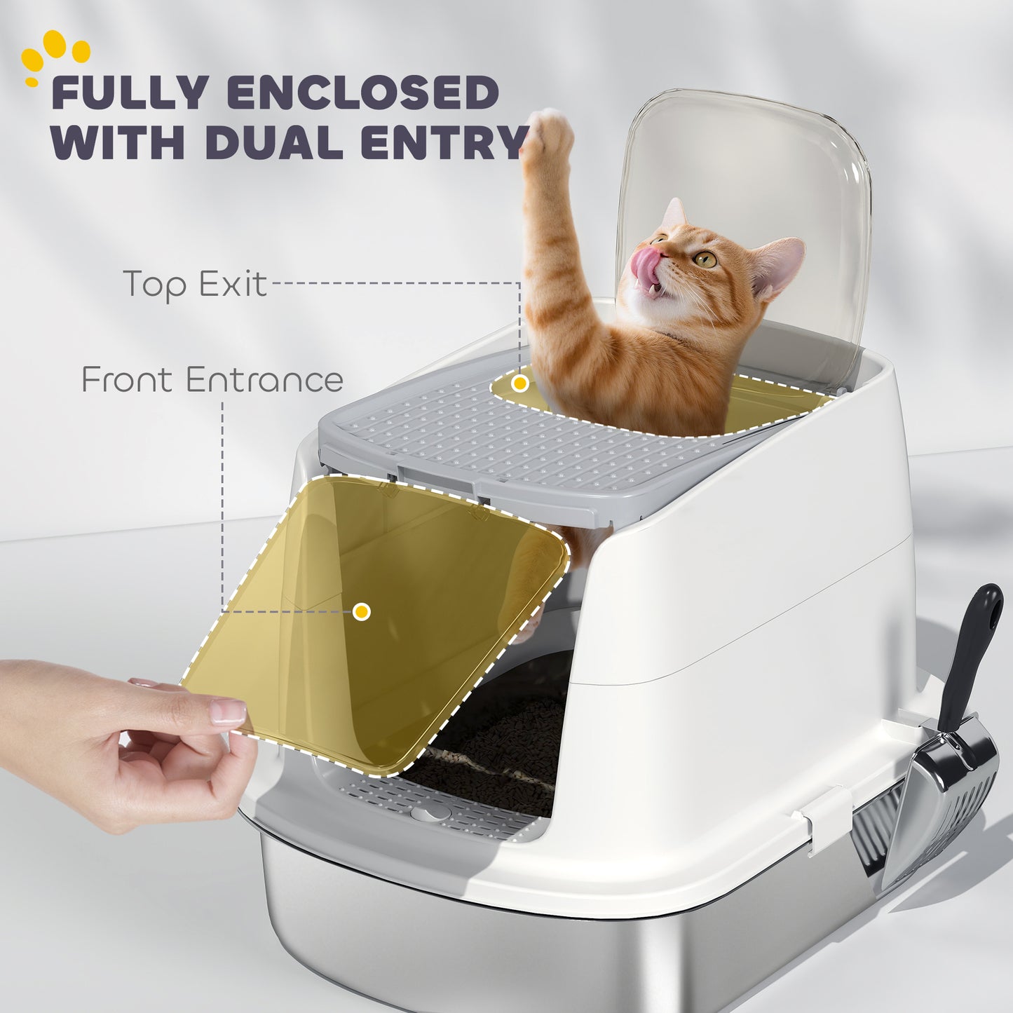 Stainless Steel Litter Box, Enclosed Metal Cat Litter Tray with Scoop