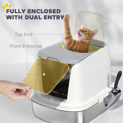 Stainless Steel Litter Box, Enclosed Metal Cat Litter Tray with Scoop