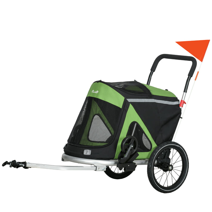 2 in 1 Aluminium Foldable Dog Bike Trailer, Pet Stroller, for Medium Dogs - Green