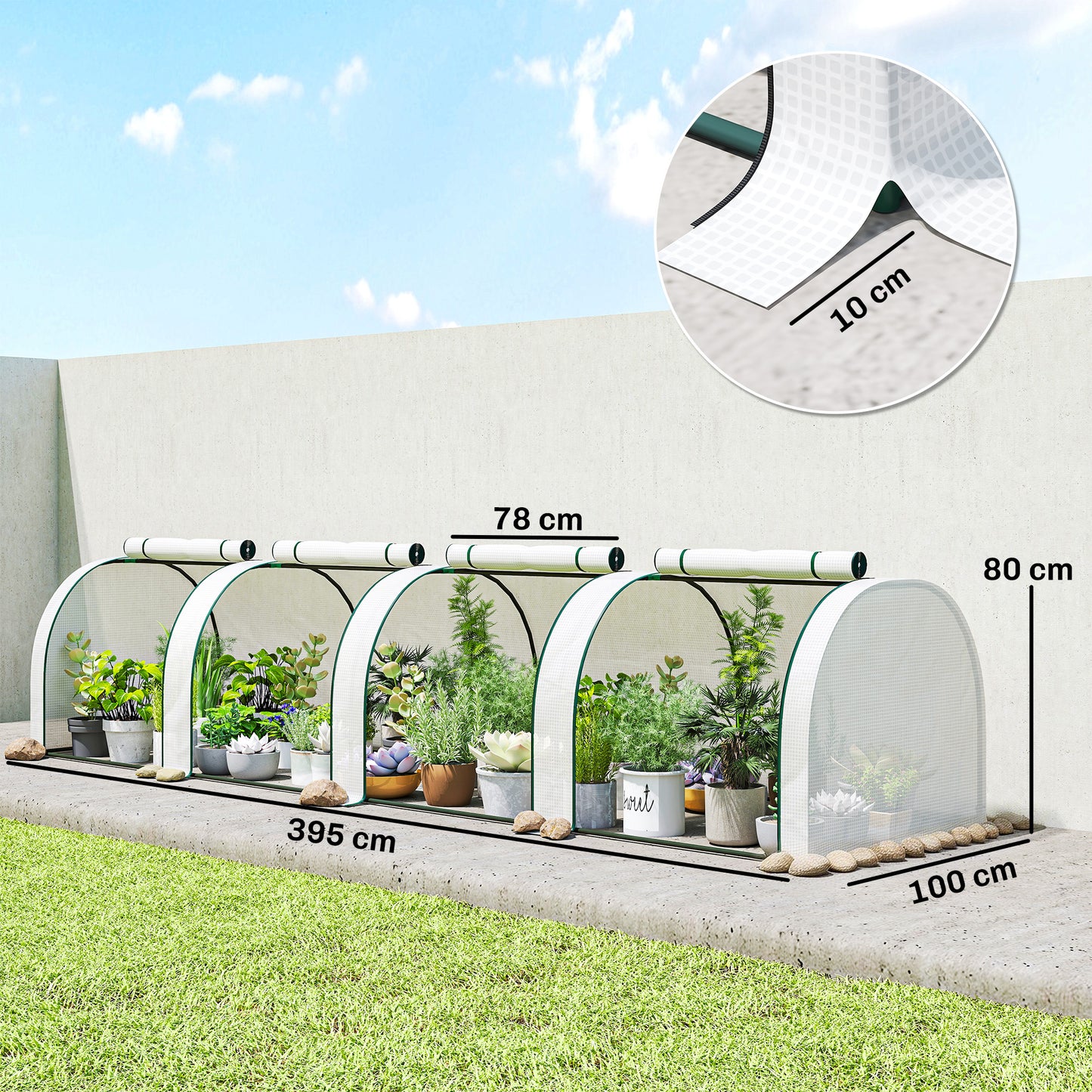 PE Tunnel Greenhouse, Green Grow House with Steel Frame and Zipper Doors for Garden, 395 x 100 x 80cm, White