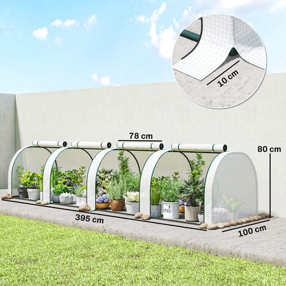 PE Tunnel Greenhouse, Green Grow House with Steel Frame and Zipper Doors for Garden, 395 x 100 x 80cm, White