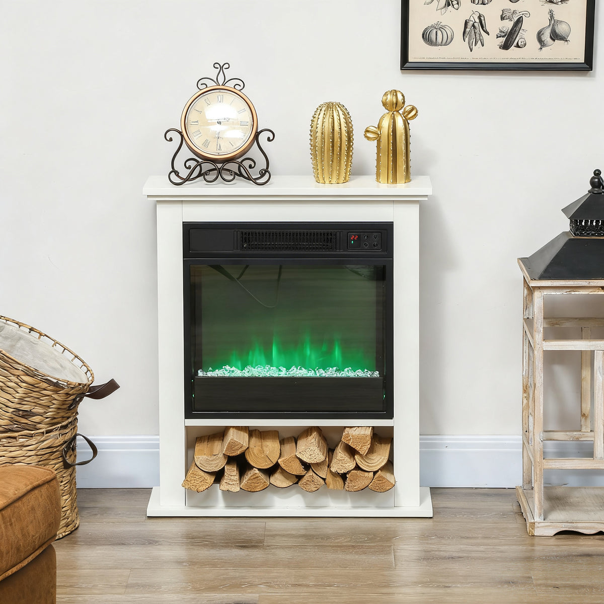 1800W White Electric Fire with Remote & Timer for Living Room
