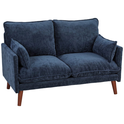 2 Seater Sofa, 131cm Velvet-Feel Fabric Loveseat Sofa with Spring Cushions, Wide and Deep Seat, Wood Legs, 2 Pillows, Modern Couch Settee for Small Space, Living Room, Bedroom, Office, Blue