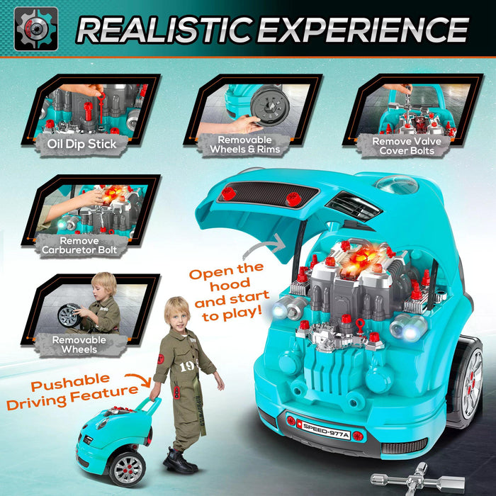 Kids Truck Engine Toy Set, Educational Car Service Station Playset, Take Apart Workshop, w/ Steering Wheel, for 3-5 Years Old Teal Green