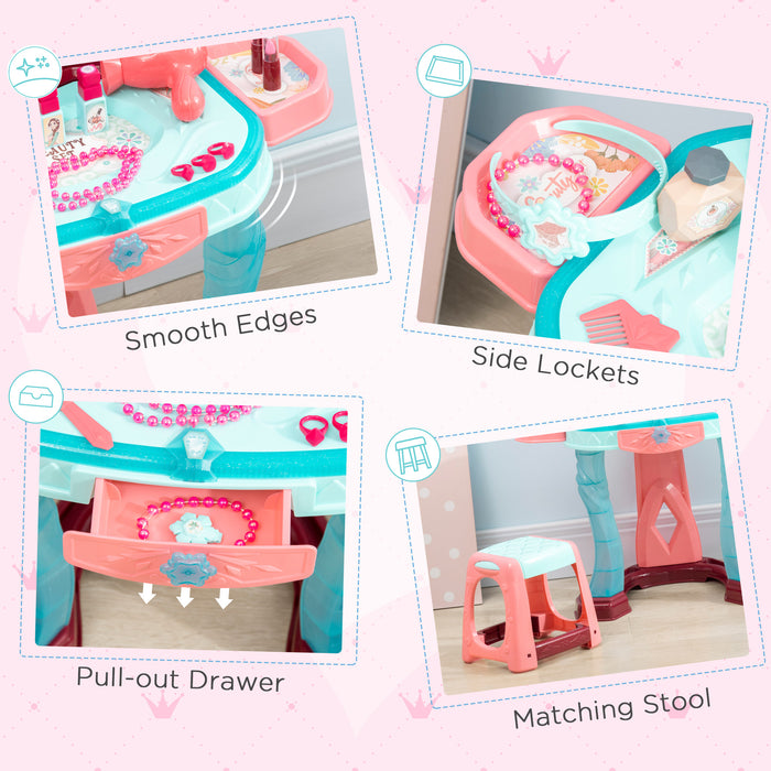 31 PCS Kids Dressing Table Set with Magic Princess Mirror, Musical Pretend Toy W/ Beauty Kit Mirror & Music, for 3-6 Years Old Blue+Pink