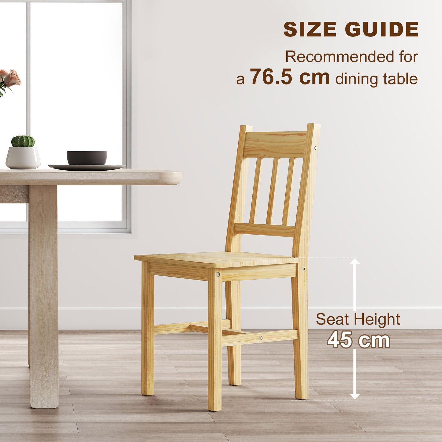 Dining Chairs Set of 2, Pine Wood Frame, Slat Back, Kitchen, Natural