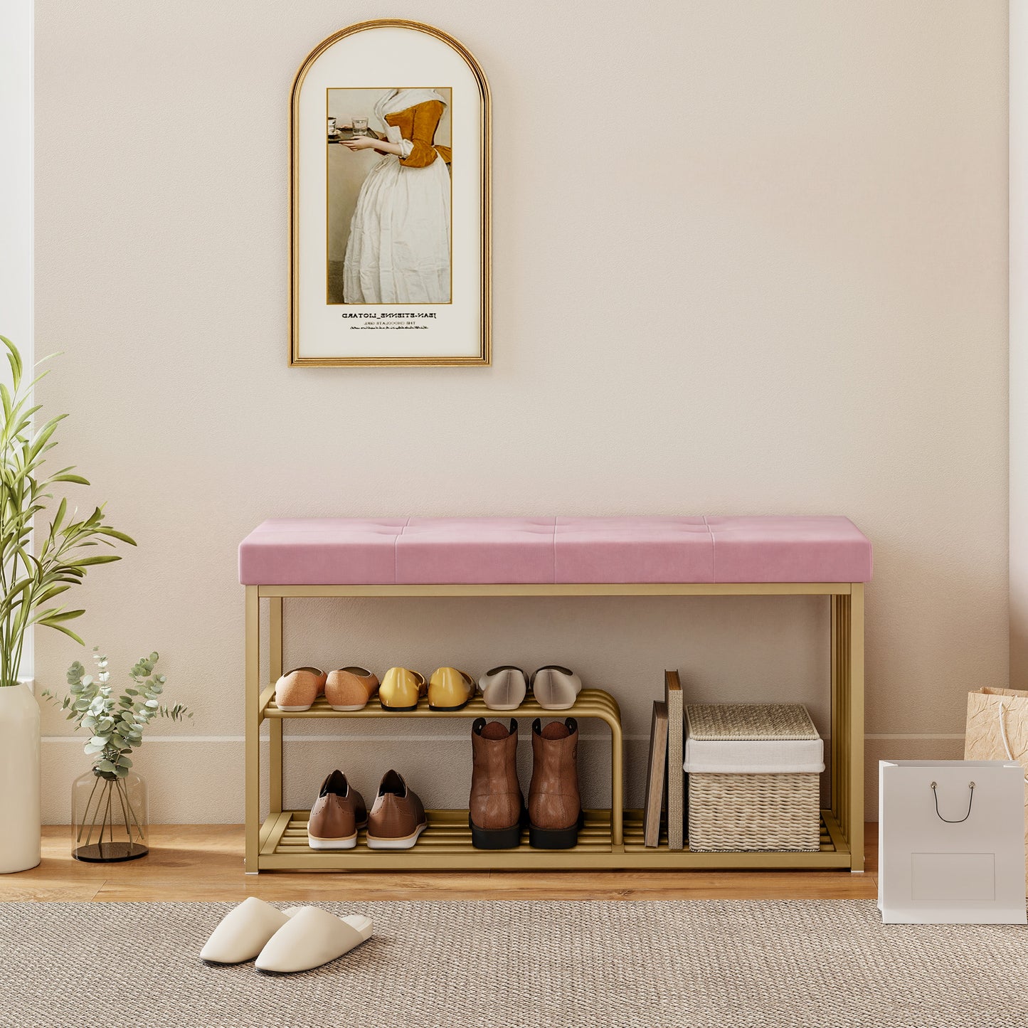 Shoe Storage Bench with Seat Cushion Tufted Shoe Rack Bench Pink
