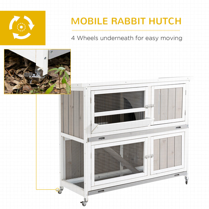 Wooden Rabbit Hutch Two-Tier Guinea Pig Cage Elevated Multi-Door Pet House Bunny Cage w/ Rain Cover, Wheels, Slide-Out Tray, Grey