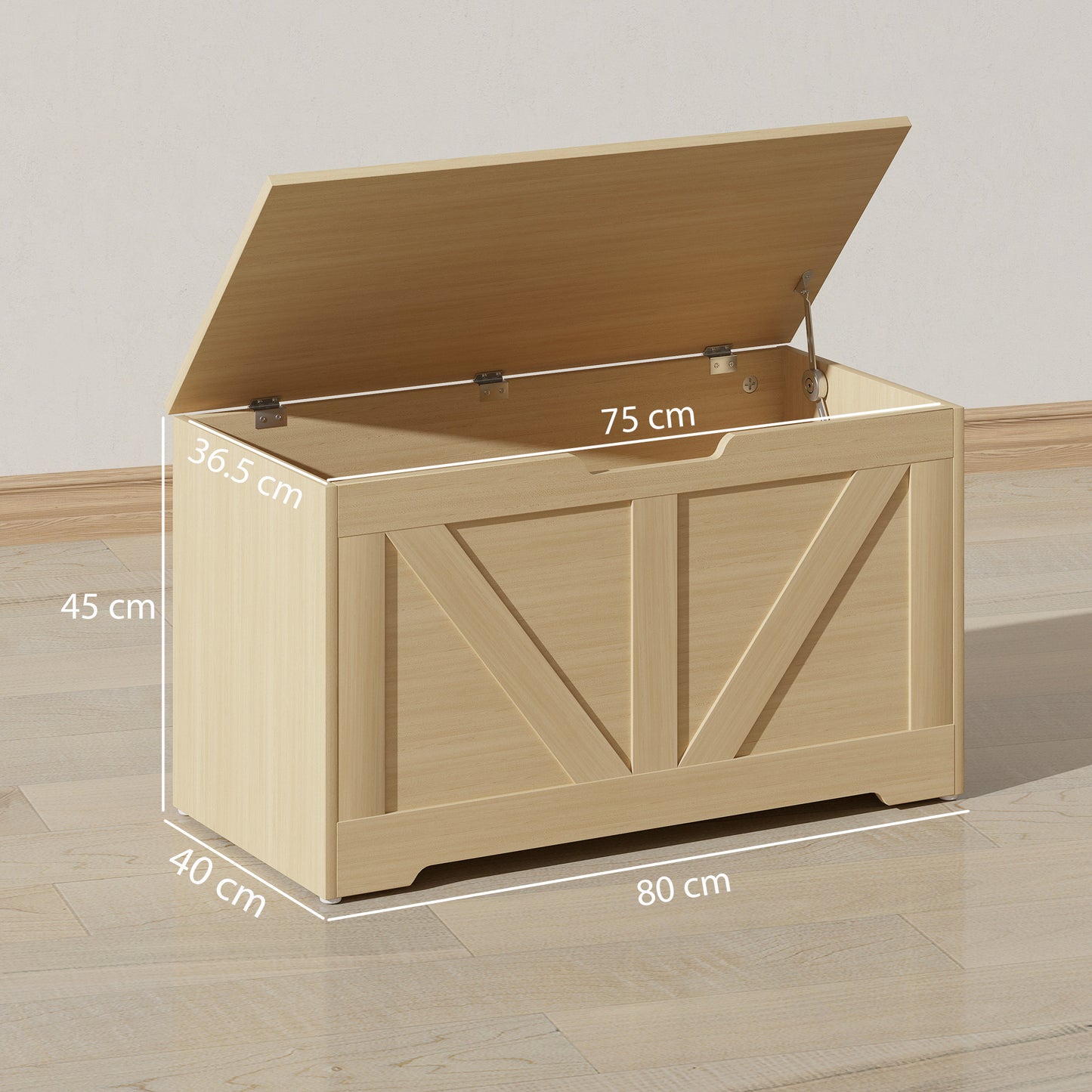 Storage Trunk with 2 Safety Hinges, 80cm, Natural Wood Finish