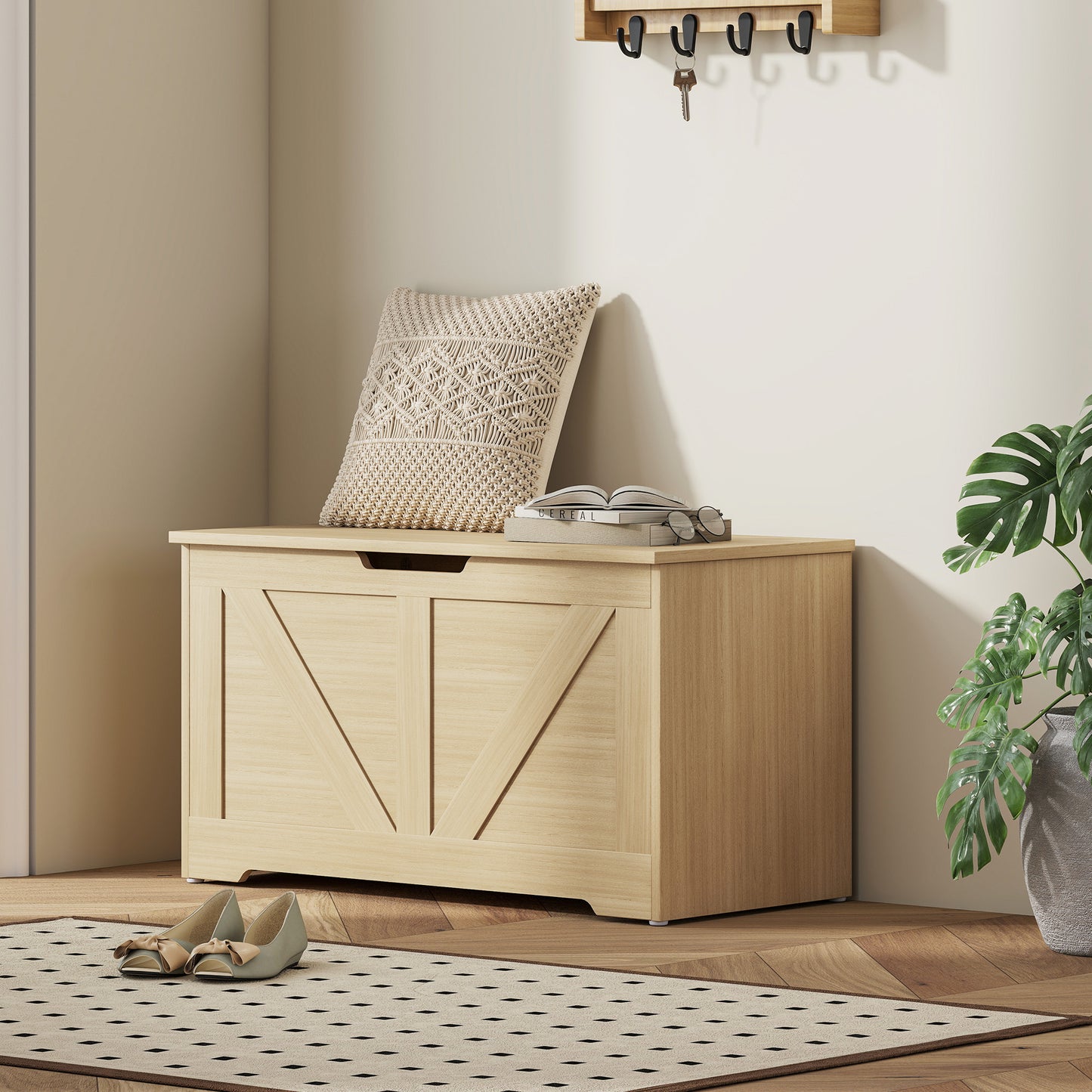 Storage Trunk with 2 Safety Hinges, 80cm, Natural Wood Finish