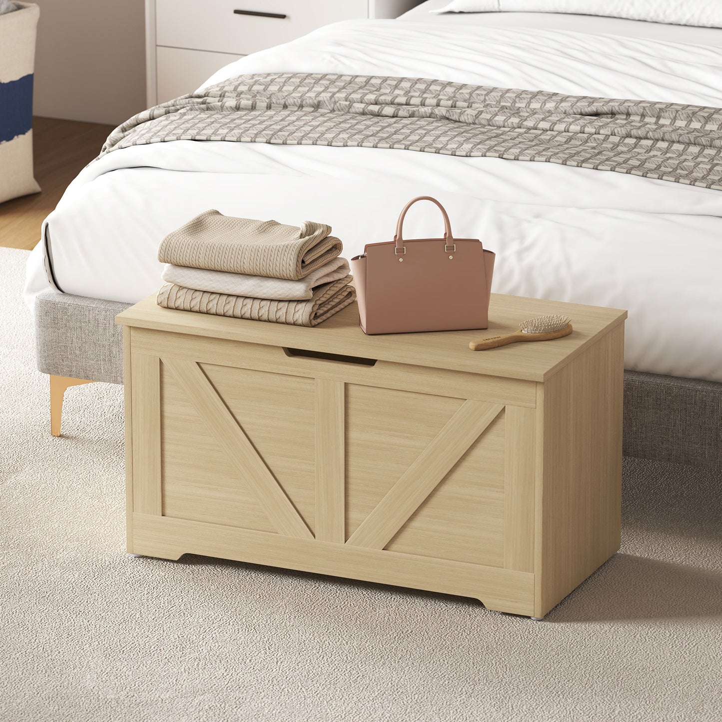 Storage Trunk with 2 Safety Hinges, 80cm, Natural Wood Finish