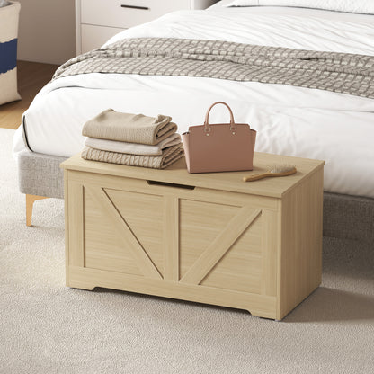 Storage Trunk with 2 Safety Hinges, 80cm, Natural Wood Finish