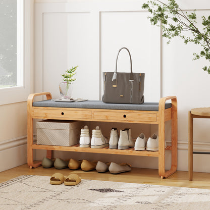 Shoe Bench with 2 Drawers, Shoe Storage Bench with Cushioned Seat, Storage Shelf and Bamboo Frame, 130 kg Weight Capacity, 105 x 33.2 x 55 cm, Natural and Grey