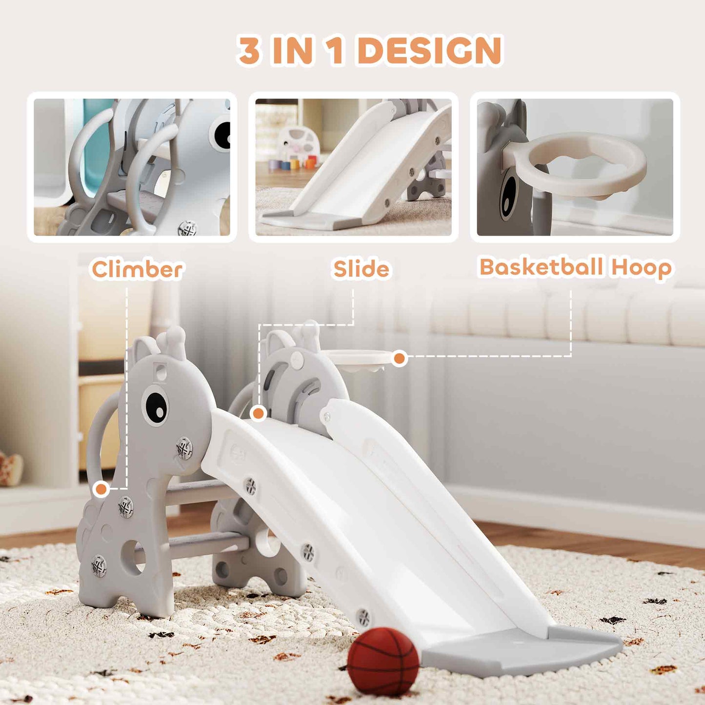 3 in 1 Kids Slide with Climber, Basketball Hoop and Ball, Grey