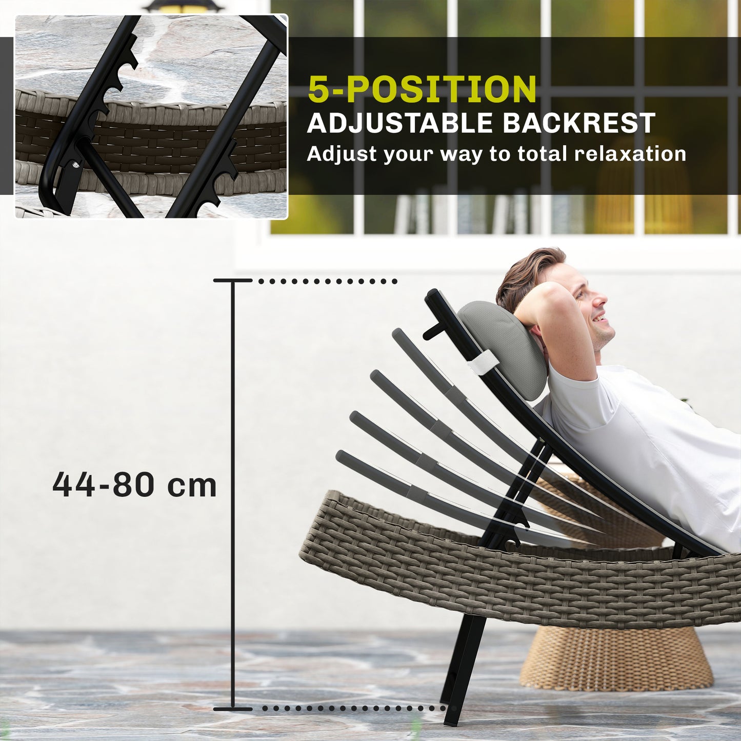 Rattan Sun Lounger with 5 Position Back, Texteline Seat, Light Grey