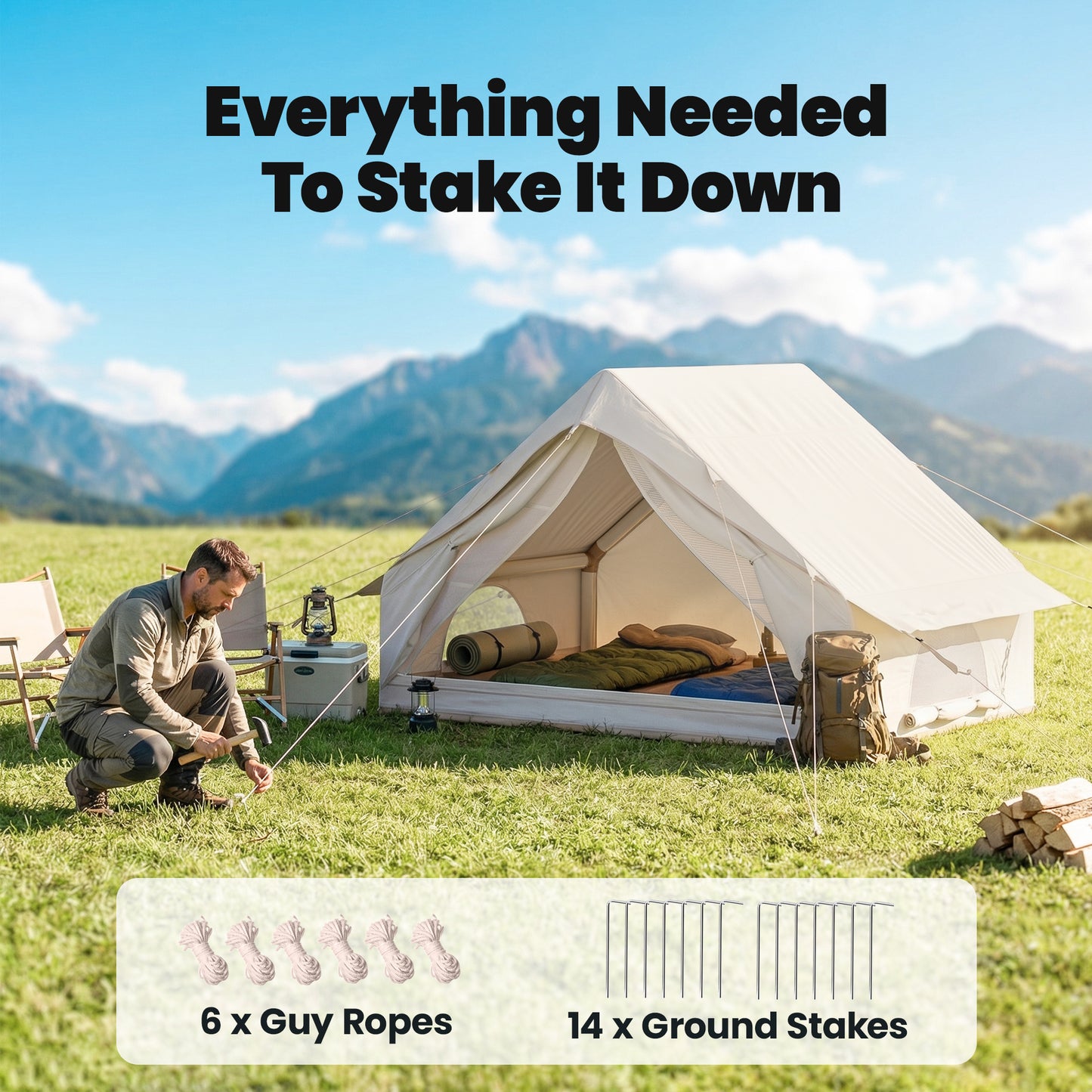 Inflatable Camping Tent with Air Pump, Easy Setup 2-4 Person Blow Up Glamping Tent, 3000mm Waterproof with Mesh Windows and Carry Bag, House Design for Family Weekend Camping, Beige