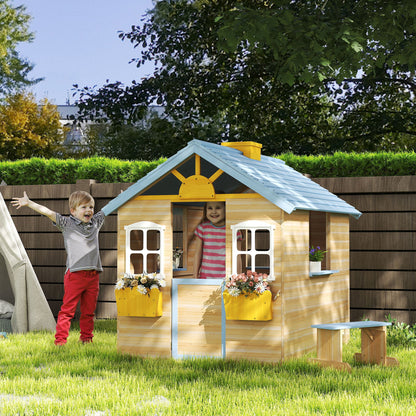Wooden Kids Playhouse w/ Door, Windows, Bench, For 3-7 Years Blue