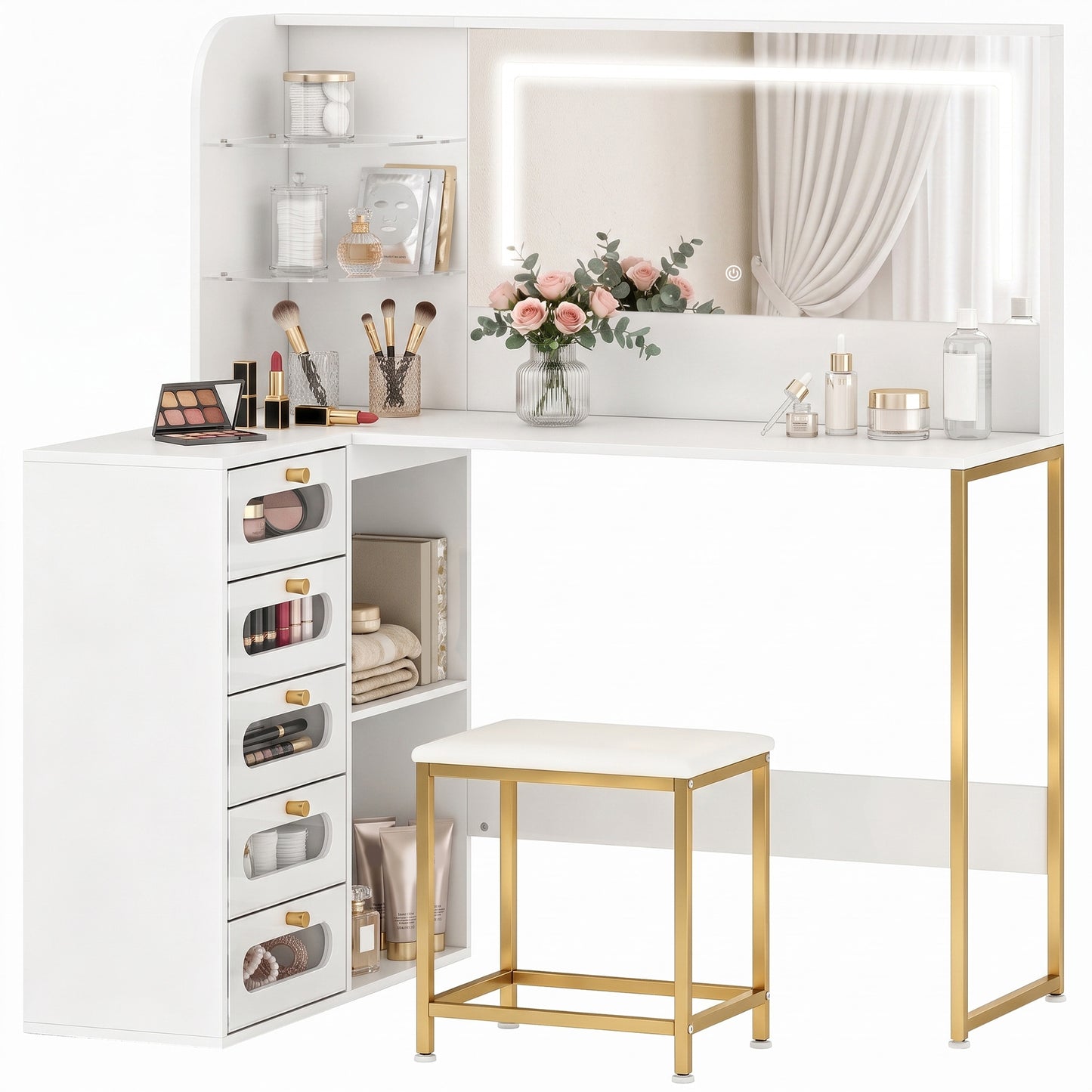 Dressing Table with LED Mirror and Stool, Drawers, Vanity Desk, White