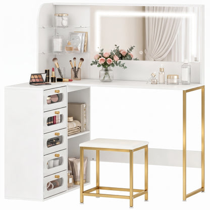 Dressing Table with LED Mirror and Stool, Drawers, Vanity Desk, White