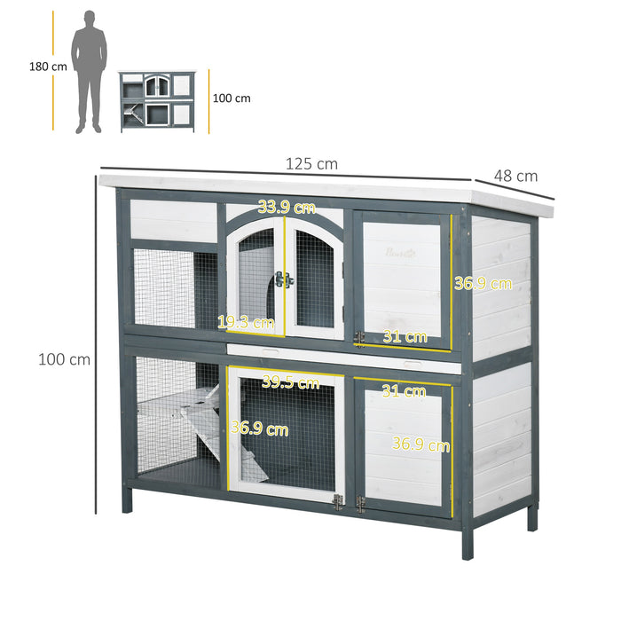 Two-Tier Wooden Rabbit Hutch Guinea Pig Cage w/ Openable Roof, Slide-Out Tray, Ramp - Grey