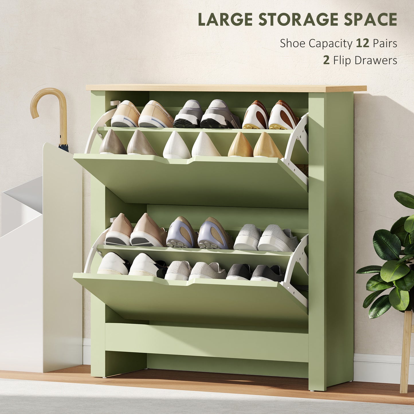 12-Shoe Storage Cabinet 4 Shelves 2 Drawers Tabletop Green