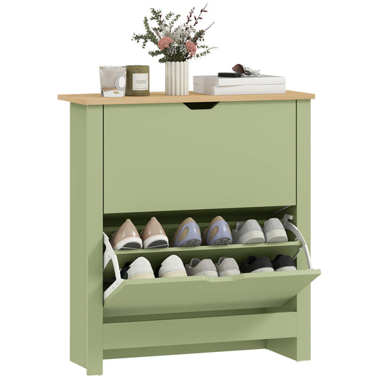 12-Shoe Storage Cabinet 4 Shelves 2 Drawers Tabletop Green