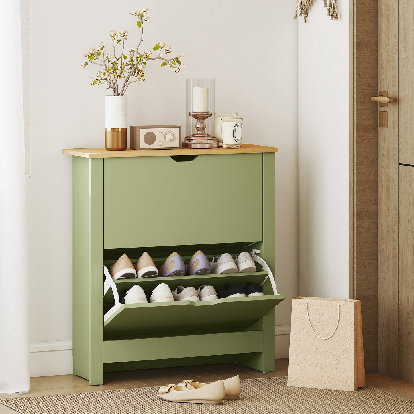 12-Shoe Storage Cabinet 4 Shelves 2 Drawers Tabletop Green