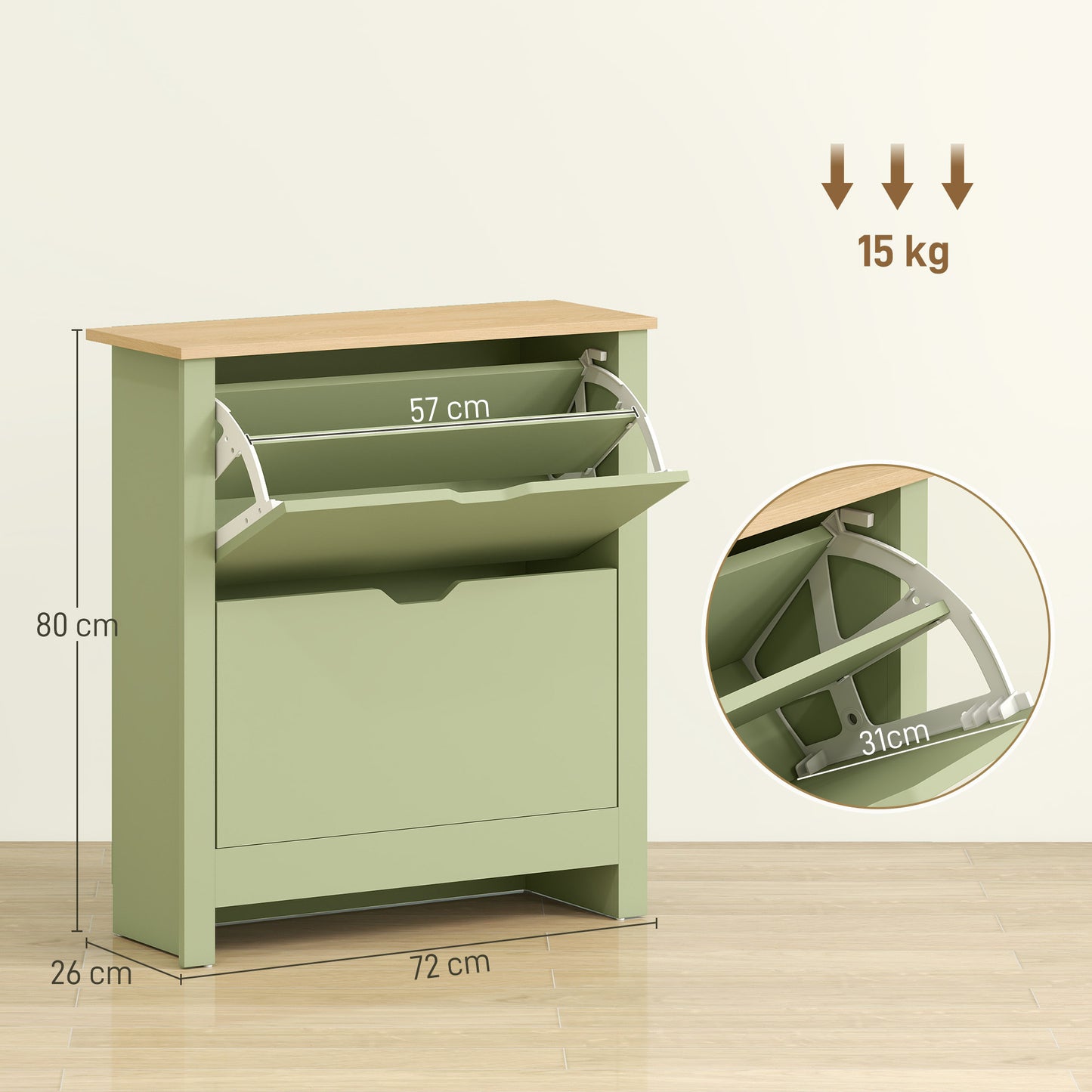 12-Shoe Storage Cabinet 4 Shelves 2 Drawers Tabletop Green