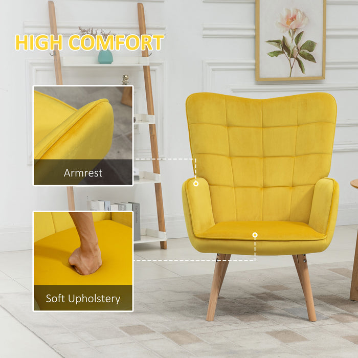 Modern Accent Chair Velvet-Touch Tufted Wingback Armchair Upholstered Leisure Lounge Sofa Club Chair with Wood Legs, Yellow