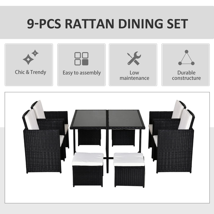 9PC Garden Rattan Dining Set Outdoor Patio Dining Table Set Weave Wicker 8 Seater Stool Black