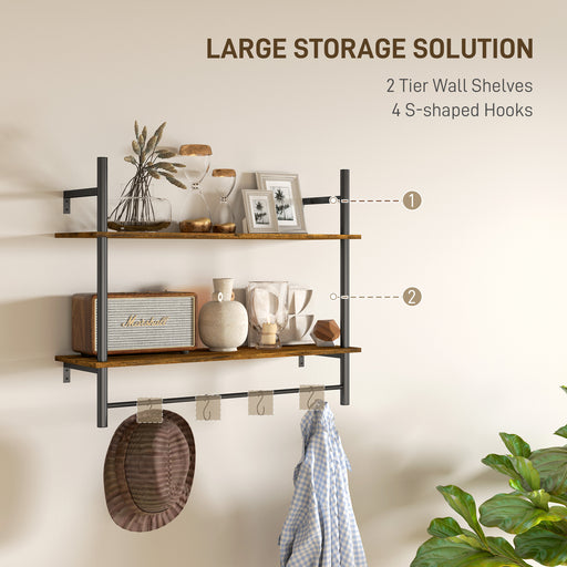 Wall Shelf Unit with 4 Hooks for Living Room, Entryway, Rustic Brown