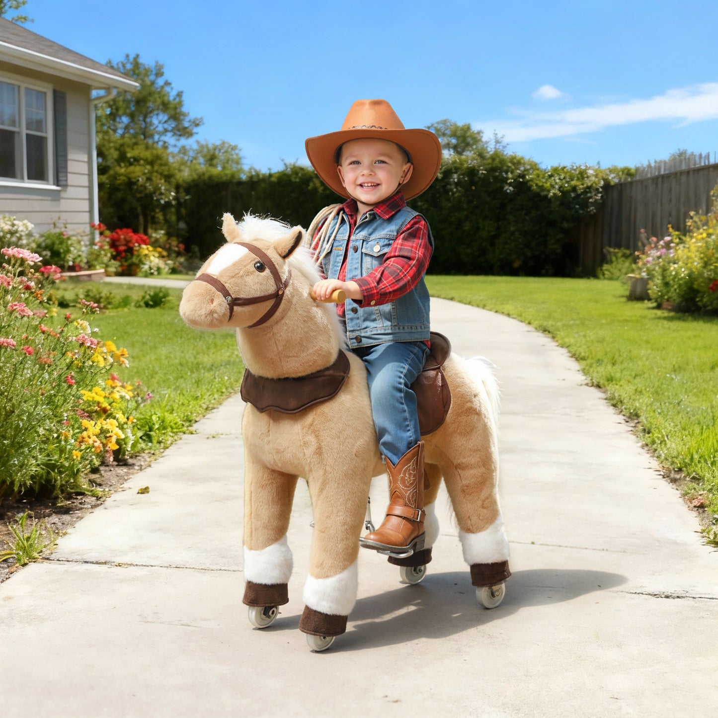 Plush Rocking Horse with Rolling Wheels for 3-5 Years, Brown