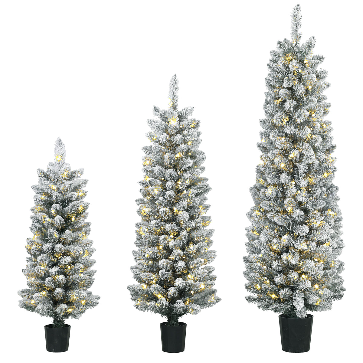 Prelit Snowy Flocked Artificial Christmas Tree Set of 3, 3FT/4FT/5FT