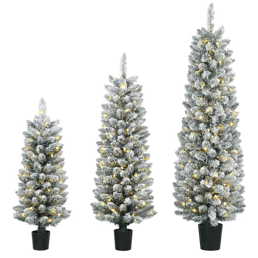 3ft / 4ft / 5ft Pre-Lit Snowy Flocked Artificial Christmas Tree Set of 3